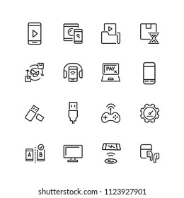 Electronics icons. Set of  line icons. Mobile phone, data storage, satellite. Modern technology concept. Vector illustration can be used for topics like mobile service, apps, digital devices.