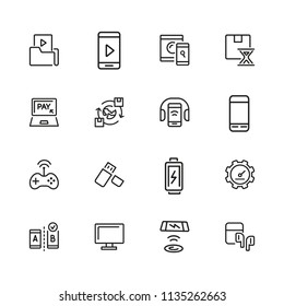Electronics icons. Set of line icons. Mobile phone, data storage, satellite. Modern technology concept. Vector illustration can be used for topics like mobile service, apps, digital devices.