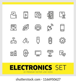 Electronics icons. Set of line icons. Mobile phone, data storage, satellite. Modern technology concept. Vector illustration can be used for topics like mobile service, apps, digital devices.