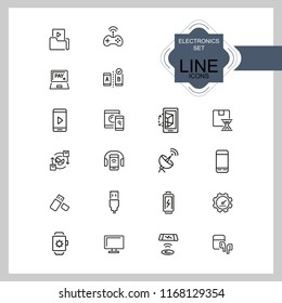 Electronics icons. Set of line icons. Mobile phone, data storage, satellite. Modern technology concept. Vector illustration can be used for topics like mobile service, apps, digital devices.