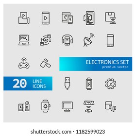 Electronics icons. Set of line icons. Mobile phone, data storage, satellite. Modern technology concept. Vector illustration can be used for topics like mobile service, apps, digital devices.