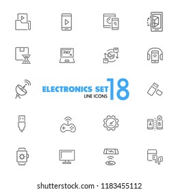 Electronics icons. Set of line icons. Mobile phone, data storage, satellite. Modern technology concept. Vector illustration can be used for topics like mobile service, apps, digital devices.