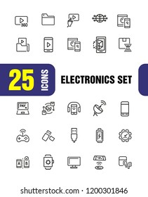 Electronics icons. Set of line icons. Mobile phone, data storage, satellite. Modern technology concept. Vector illustration can be used for topics like mobile service, apps, digital devices.