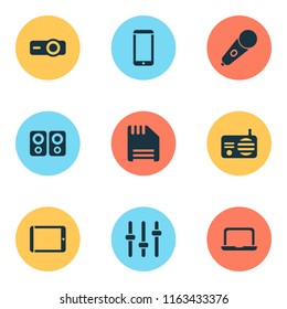 Electronics icons set with radio, mic, floppy disk and other fm elements. Isolated vector illustration electronics icons.
