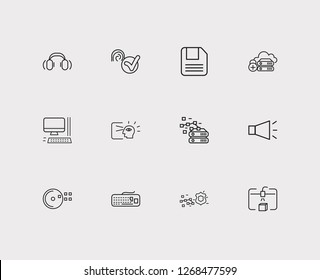 Electronics icons set. Steamroller and electronics icons with headphone, floppy disk and computer. Set of workstation for web app logo UI design.