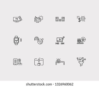 Electronics icons set. Steamroller and electronics icons with smart watch, responsive design and web development. Set of musical for web app logo UI design.