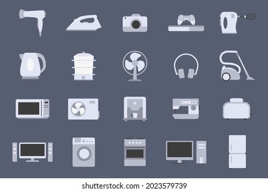 Electronics Icons set - Vector color symbols of camera, computer, washing machine, television and other appliances for the site or interface