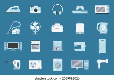 Electronics Icons set - Vector color symbols of camera, computer, washing machine, television and other appliances for the site or interface
