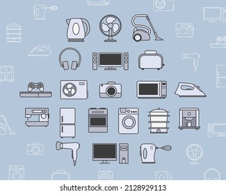Electronics Icons set - Vector color symbols and outline of camera, computer, washing machine, television and other appliances for the site or interface