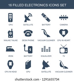 electronics icons. Trendy 16 electronics icons. Contain icons such as CPU, satellite, battery, camera, walkie talkie, desk phone, vacuum cleaner. electronics icon for web and mobile.