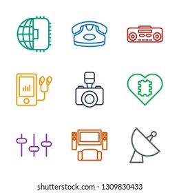 electronics icons. Trendy 9 electronics icons. Contain icons such as satellite, TV system, equalizer, CPU in heart, camera, mp player, record player. electronics icon for web and mobile.