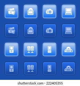 Electronics icons for web on blue buttons.