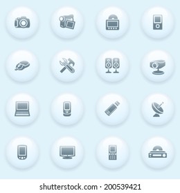Electronics icons with white buttons on blue background.