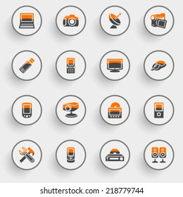Electronics icons with white buttons on gray background.