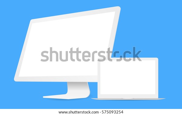 電子機器のアイコン 青の背景に白いコンピューターimacとノートパソコンmacbookの空気 Appleデバイス ベクターイラスト のベクター画像素材 ロイヤリティフリー 575093254