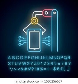 Electronics industry neon light icon. Smartphone and tablet production. Electronic devices factory. Hardware repair. Glowing sign with alphabet, numbers and symbols. Vector isolated illustration