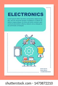 Electronics industry poster template layout. Appliance, technology production. Banner, booklet, leaflet print design with linear icons. Vector brochure page layouts for magazines, advertising flyers