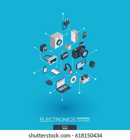 Electronics integrated 3d web icons. Digital network isometric interact concept. Connected graphic design dot and line system. Abstract background for technology, household gadgets. Vector Infograph