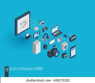 Electronics integrated 3d web icons. Digital network isometric progress concept. Connected graphic design line growth system. Abstract background for technology, household gadgets. Vector Infograph