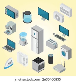 Electronics Isometric Set integrated graphic electric light machine future microprocessor 3d mobile connected using devices