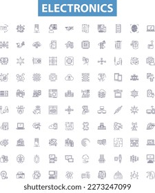 Iconos de línea de electrónica, signos establecidos. electrónica, gadgets, tecnología, dispositivos, aparatos, consolas, circuitos, componentes, cables, esquematización de ilustraciones vectoriales.