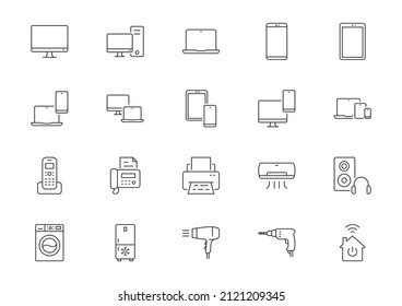 Iconos de línea de electrónica. Ilustración de contorno vectorial con icono - monitor pc, tablet digital, teléfono, altavoz, aire acondicionado, impresora, auriculares, portátil. Pictograma para dispositivo inteligente. Stroke Editable