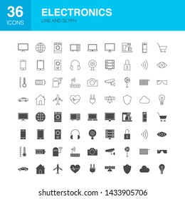Electronics Line Web Glyph Icons. Vector Illustration of Technology Outline and Solid Symbols. 