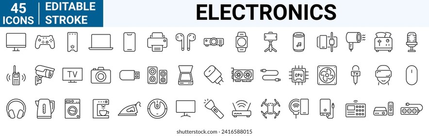 Electronics línea iconos web Equipo personal. Tablet, laptop, teléfono, consola, Smart Watch y más. Stroke editable.