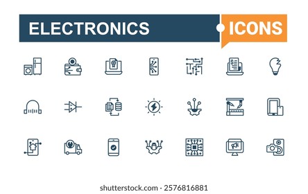 Electronics lined icons set. Contains such icons as devices, tick, electronic, equipment, tv, drive, camera and more. Flat UI icon design. Solid line editable stroke. Vector line and solid icons.