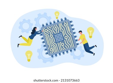 Electronics Manufacturing Concept. Team Holding On To Microcircuit, Development Of New Technologies. Innovations And Compact Devices. Digital World, Electronics. Cartoon Flat Vector Illustration