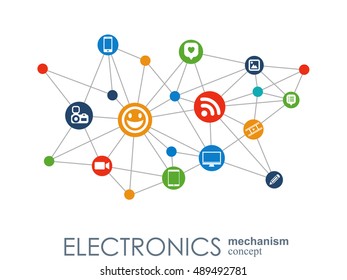 Electronics mechanism. Abstract background with connected gears and integrated flat icons. Connected symbols for laptop, monitor, phone. Vector interactive illustration
