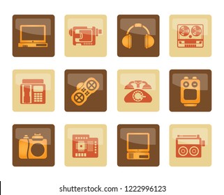electronics, media and technical equipment icons over brown background - vector icon set
