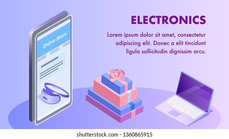 Electronics Online Store Isometric Banner Template. Realistic Smartphone Eshop Application Webpage Layout. 3d Laptop with Typography, Lettering. Buying Gifts, Presents Online Poster Design