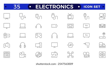 Ícones de descrição eletrônica. A ilustração vetorial inclui o ícone - hardware, teclado, disco, hvac, aparelhos de cozinha, auscultadores, roteador, chip, pictograma de esboço de computador para dispositivos domésticos. 
