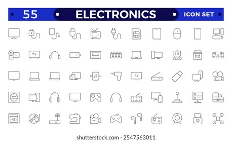 Ícones de descrição eletrônica. A ilustração vetorial inclui o ícone - hardware, teclado, disco, hvac, aparelhos de cozinha, auscultadores, roteador, chip, pictograma de esboço de computador para dispositivos domésticos. 
