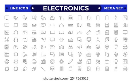 Electronics outline icons. Vector illustration include icon - hardware, keyboard, disk, hvac, kitchen appliances, headphones, router, chip, computer outline pictogram for home devices. 
