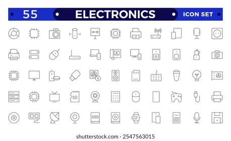 Electronics outline icons. Vector illustration include icon - hardware, keyboard, disk, hvac, kitchen appliances, headphones, router, chip, computer outline pictogram for home devices. 

