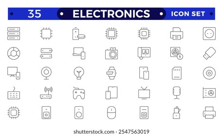 Electronics outline icons. Vector illustration include icon - hardware, keyboard, disk, hvac, kitchen appliances, headphones, router, chip, computer outline pictogram for home devices. 
