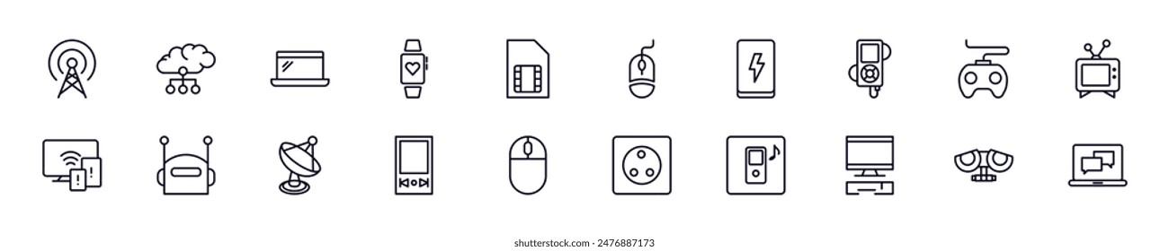 Electronics outline vector signs drawn with thin Line. Simple linear illustrations for stores, shops, banners, design 