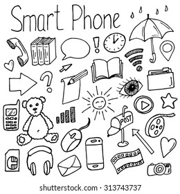 Electronics and paper linear doodle sketch. Vector