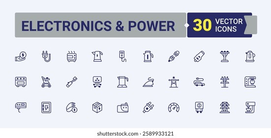 Electronics and Power minimal icon set. Featuring energy, charge, plant, electromagnet, gas, nuclear and more. Icons for design. Solid line editable stroke.