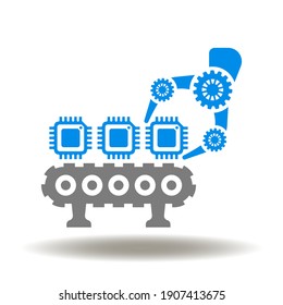 Electronics Production Industrial Symbol. Conveyor line with processor and microchip and robotic manipulator vector icon. Nanotechnologies Circuit Chip Factory Illustration.