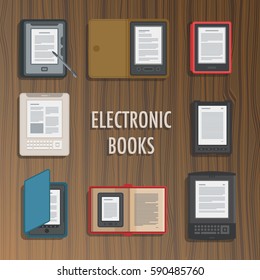 Electronics reader book collection. New books colorful icons. Mobile tablet devices. Modern gadgets. Flat badge. Education symbol logo. Illustration vector art on wood texture background.