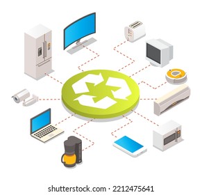 Reciclaje electrónico 3d vector. Desecho electrónico para reciclar y medio ambiente ahorra infografía. Aparato electrónico, dispositivo inteligente y gadget utilizados para el procesamiento y la refundición de la ilustración