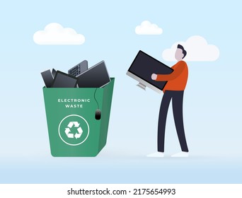 Electronics Recycling and Waste Management concept. The character carries an electronic device - a monitor or a computer - into a trash recycling bin full of electronic devices with e-waste logo sign.