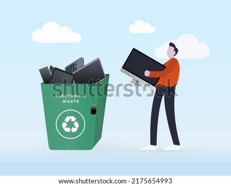 Electronics Recycling and Waste Management concept. The character carries an electronic device - a monitor or a computer - into a trash recycling bin full of electronic devices with e-waste logo sign.