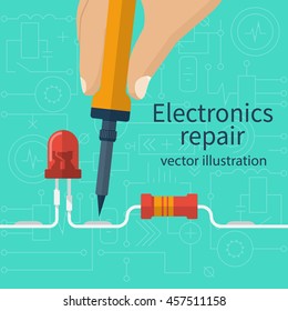 Electronics repair concept. Calibration, diagnostics, checking, maintenance, electronics, computer equipment. Service center, workshop banner, template. Soldering iron in hand man. Vector flat style.