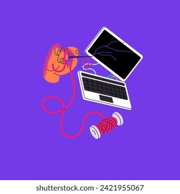 Concepto de reparación de electrónica. Serviceman corrige el dispositivo dañado, el equipo dividido. Portátil dañado con pantalla rota. Servicio de recuperación, solución de problemas de gadgets. Ilustración vectorial aislada plana
