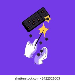 Electronics repair concept. Serviceman fixes disassembled into pieces keyboard. Broken device restore, damaged computer elements recovery. Troubleshooting service. Flat isolated vector illustration