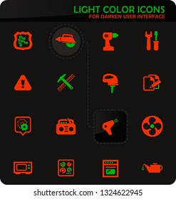 Electronics repair easy color vector icons on darken background for user interface design
